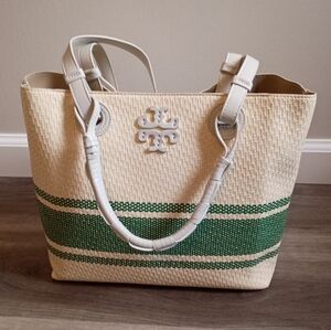 TB Designer Inspired Faux Straw Tote Handbag With Removable Pouch Vacation Beach